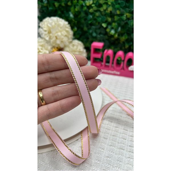 Fita Mili de Gorgorão 10mm com Borda Dourada Rosa Bebê - Metro