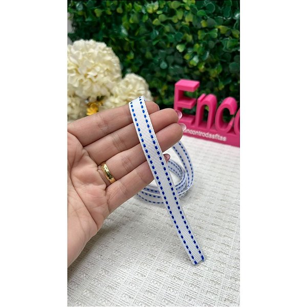 Fita Mili Gorgorão 10mm Pespontada Branco com Azul Royal - Metro