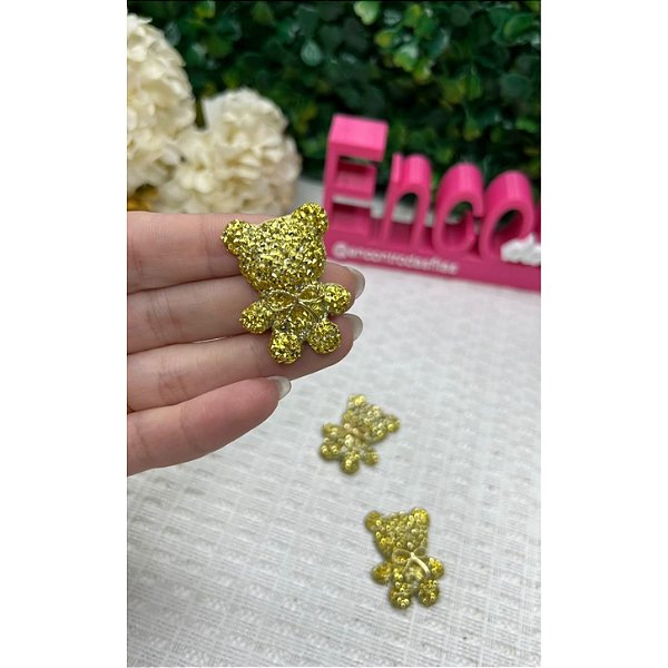 Aplique Ursinho Cravejado Glitter Dourado- Unidade