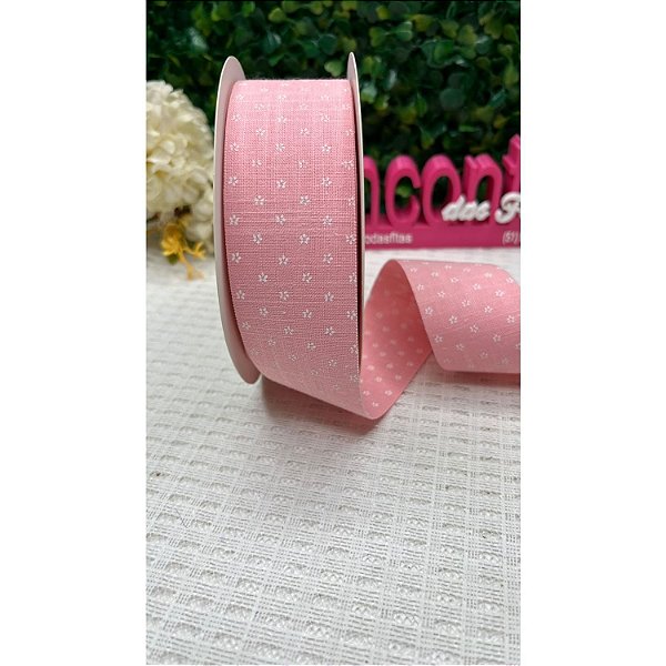 Fita Importada de Linho 38mm Rosa com Flores - Metro
