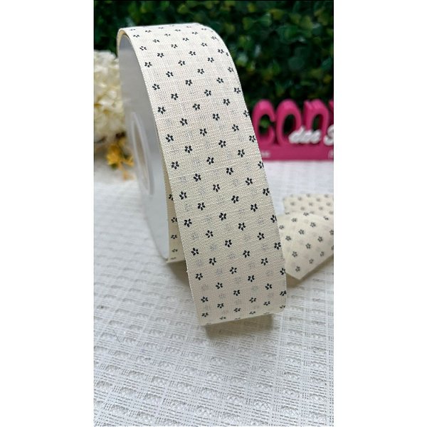 Fita Importada de Linho 38mm Bege com Flores  - Metro