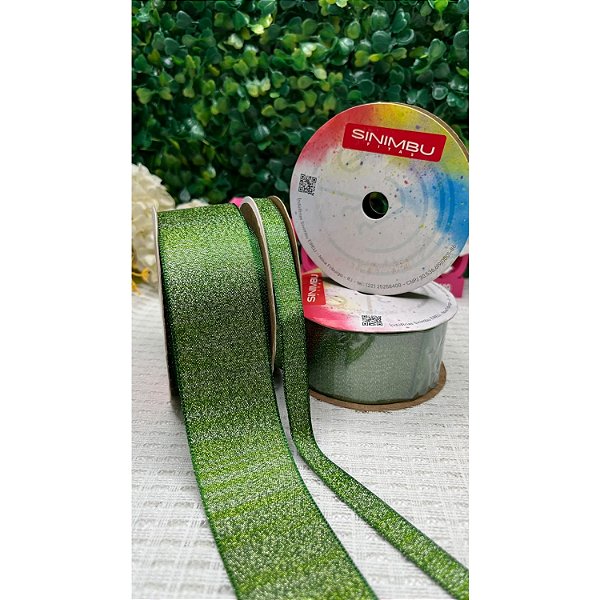 Fita Sinimbu Cetim com Lurex Verde - Metro 38mm-N9