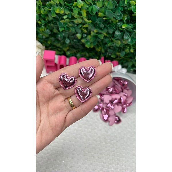 Aplique Mini Coração Metalizado Rosa Bebê - 10 unidades