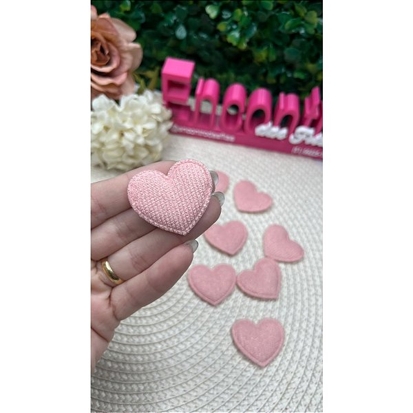 Aplique Almofadado Coração Veludo Cotelê Rosa com Brilho - Unidade