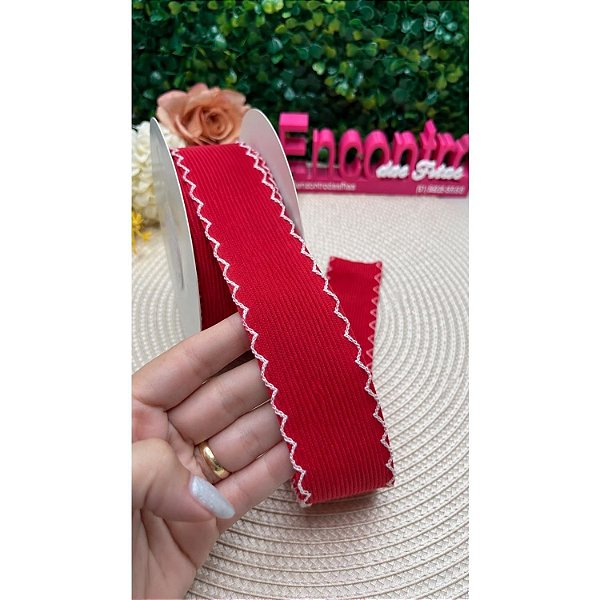 Fita Importada Veludo Cotelê  Vermelho com Borda 38mm - Metro