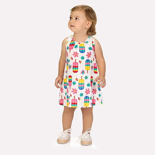 Vestido Infantil Menina Kyly Picolés e Flores em Meia Malha