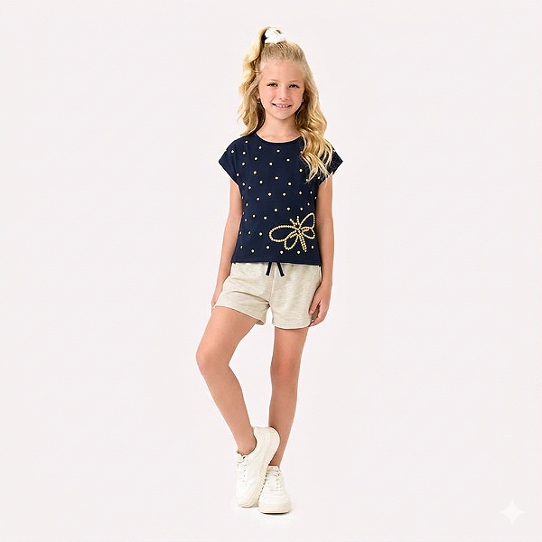 Conjunto Infantil Feminino Kyly Blusa Cropped Libélula e Short