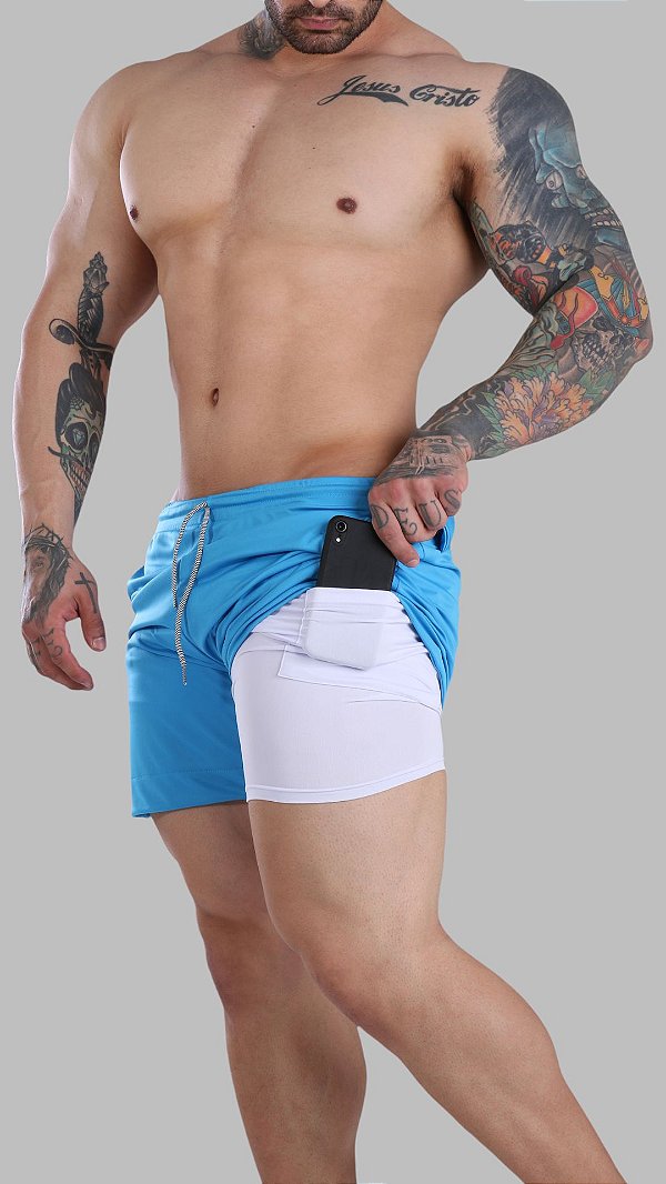 Shorts Fitness 2 Em 1 - Dry Fit E Térmico De Compressão - Esportivo Para Corrida E Treino  - Azul Turquesa