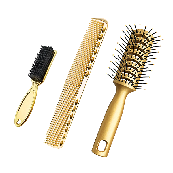 Kit Profissional para Barbeiro Escova de Cabelo Pompadora + Pente de Corte Metálico + Escovinha de Disfarce e Limpeza Do
