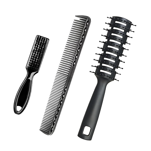 Kit Profissional para Barbeiro Escova de Cabelo Pompadora + Pente de Corte Metálico + Escovinha de Disfarce e Limpeza