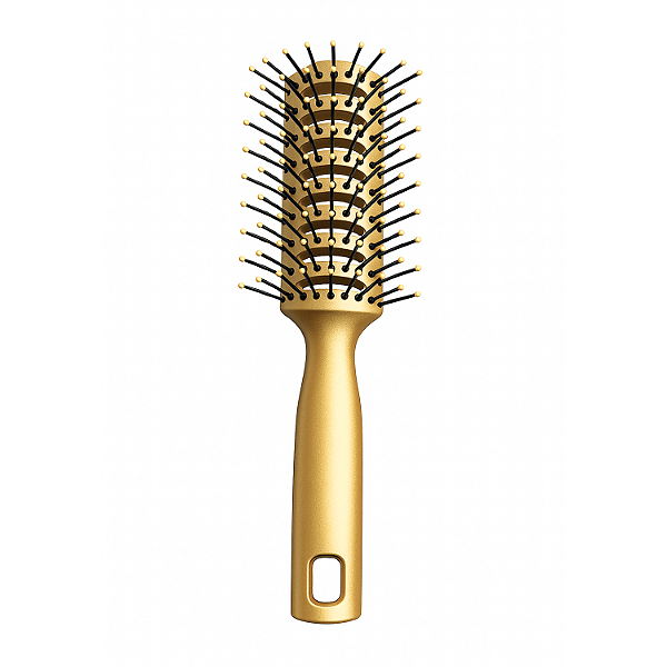 Escova de Cabelo Tunel Vazado Pompadour Modeladora Desembaraçadora e Antiestática Para Secador Penteados Dourada