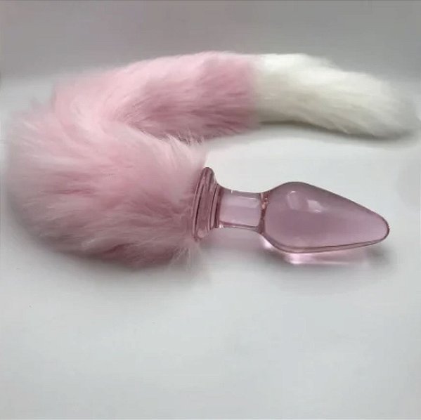 Plug Anal de Vidro com Rabo Branco e Rosa