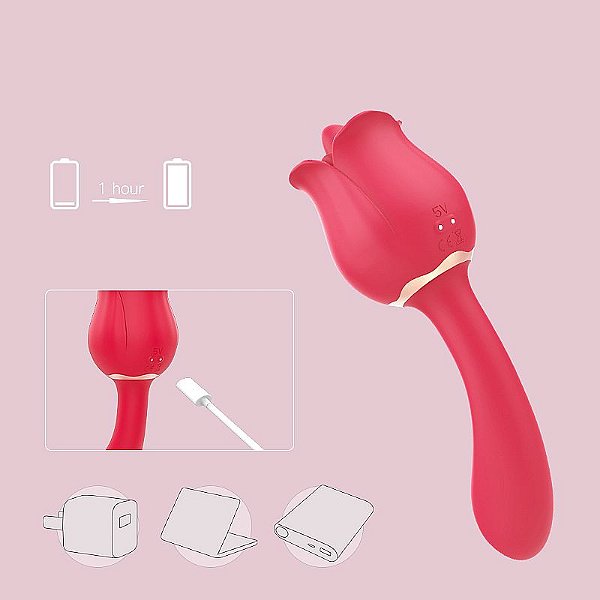 Vibrador de Ponto G e Estimulador com Língua - Formato de Rosa - PRO 2