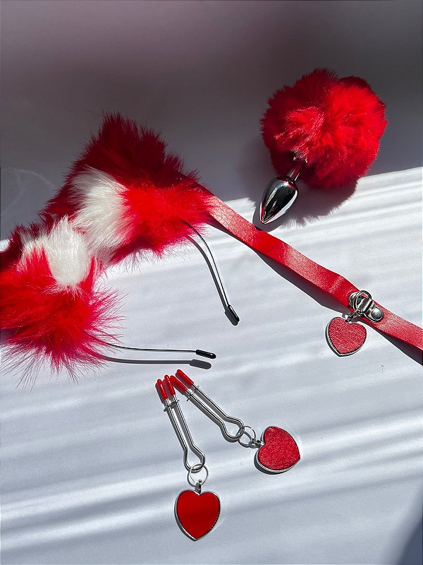 Coleção Fetiches - Kit Fet 1.0  - Plug de pompom + Tiara de Orelhas + Grampos para os seios + Gargantilha