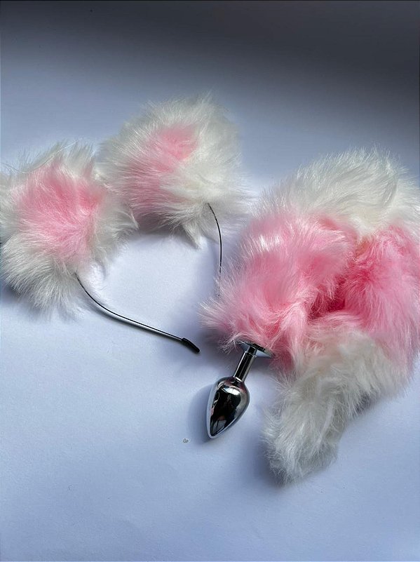 Coleção Fetiches - Kit Fet 3.0 - Rabo de Raposa com Tiara de Orelhas - Branco & Rosa