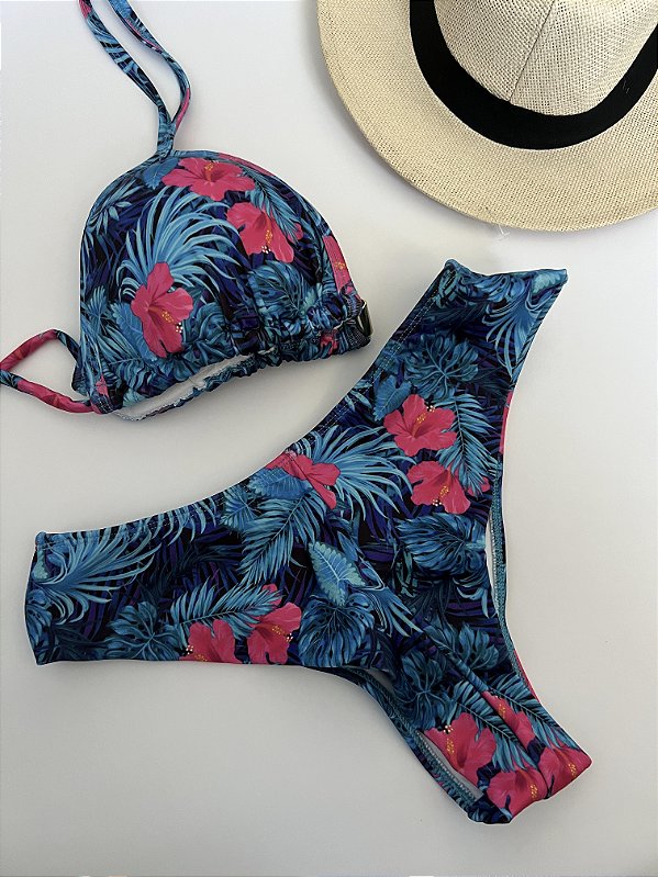 Conjunto Cos Médio + cortininha Bojo removível- Florido Azul