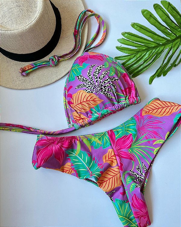 Conjunto Cos Médio + cortininha Bojo removível- Florido Lilás