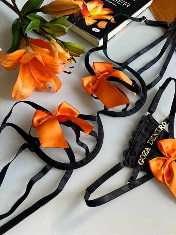 Conjunto Laço Bicolor - Preto com Laranja
