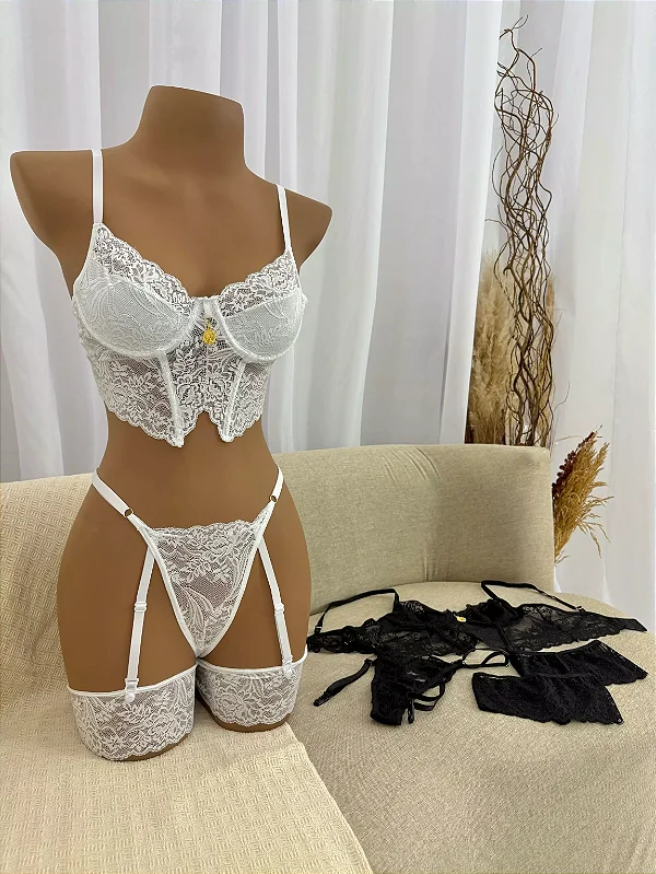 Conjunto Trio Manuella - Cropped , Calcinha e Liga com Persex