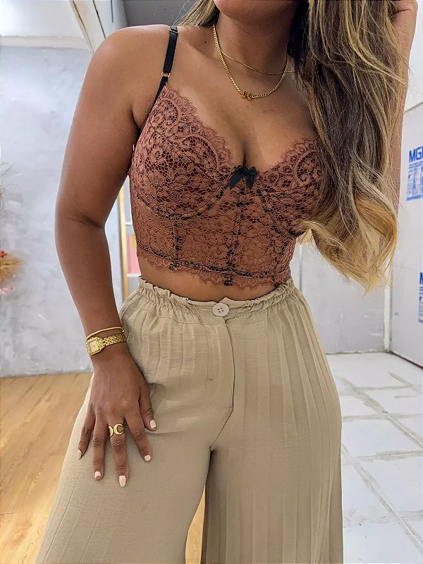 Conjunto Ibiza - Cropped + Calcinha- Marrom Detalhes em Preto