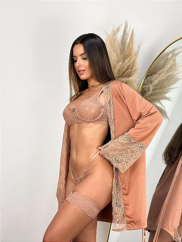 Robe Sabrina Microfibra e Renda - Marrom