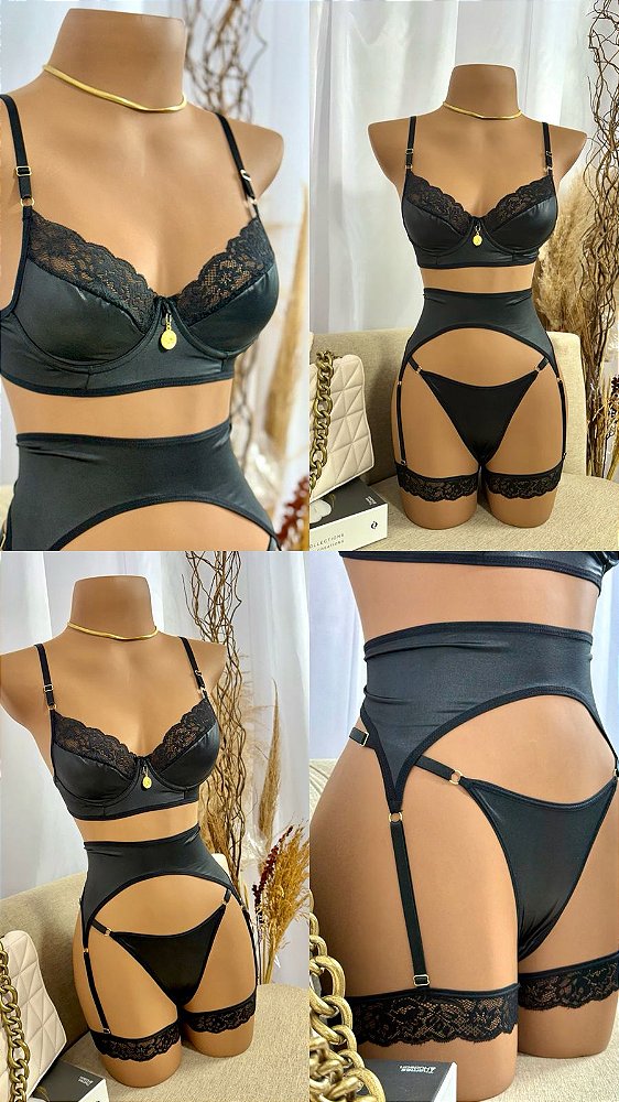 Conjunto Trio Marcella -Sutiã + Calcinha + Cinta liga com perneira