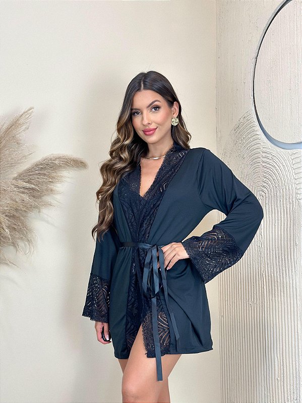 Robe Sabrina Microfibra e Renda Preto