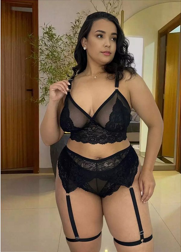 Conjunto Trio Verônica Plus - Calcinha + Sutiã + Cinta Liga