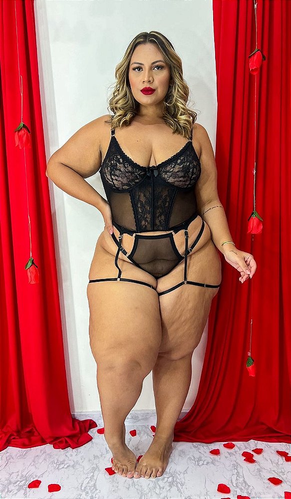 Corset AMORA Plus Size | Corset + Calcinha Fio + Cinta Liga