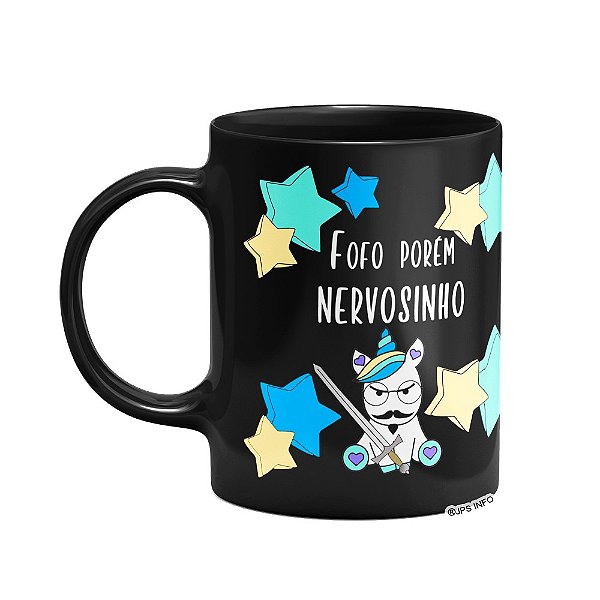 Caneca Divertida Preta - Fofo porém nervosinho! Unicórnio