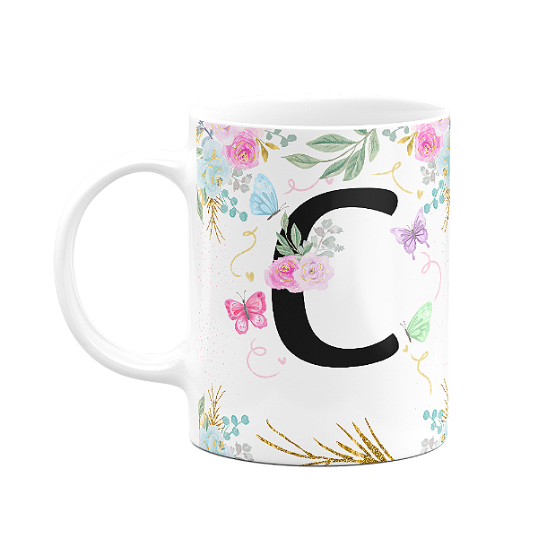 Caneca Floral - Inicial do nome letra C - 325ml