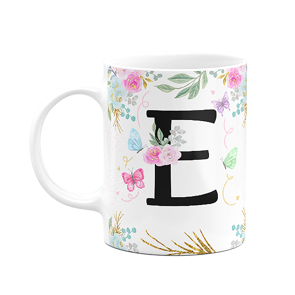 Caneca Floral - Inicial do nome letra E - 325ml