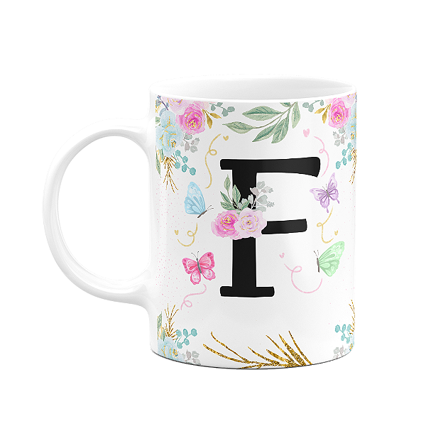 Caneca Floral - Inicial do nome letra F - 325ml