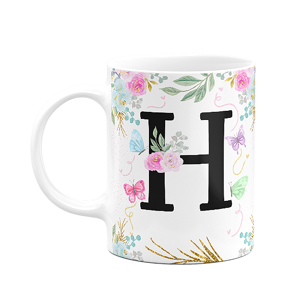 Caneca Floral - Inicial do nome letra H - 325ml