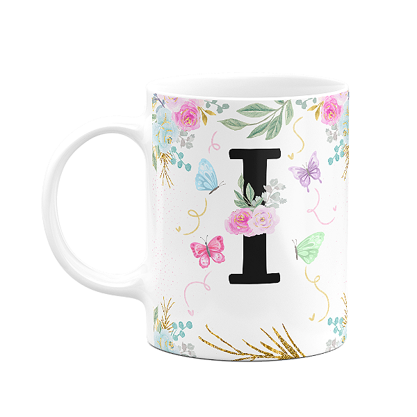 Caneca Floral - Inicial do nome letra I - 325ml