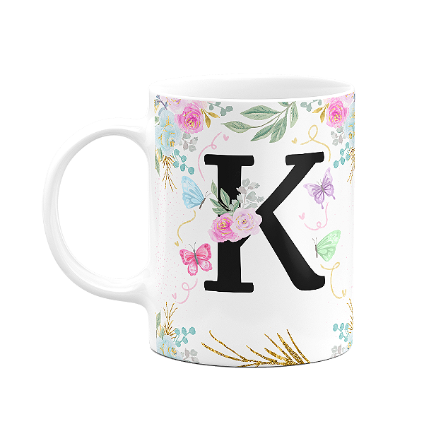 Caneca Floral - Inicial do nome letra K - 325ml