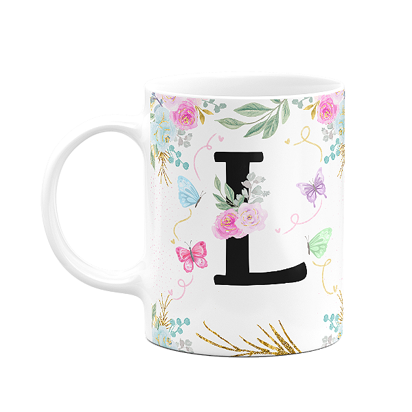 Caneca Floral - Inicial do nome letra L - 325ml