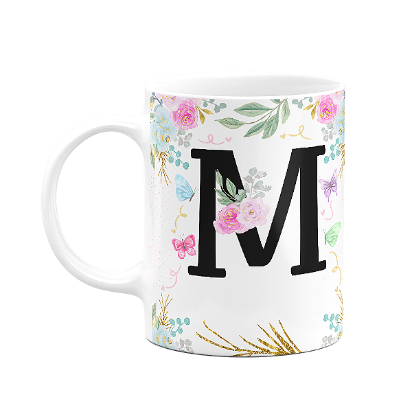 Caneca Floral - Inicial do nome letra M - 325ml