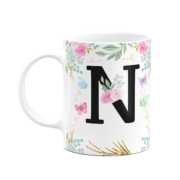 Caneca Floral - Inicial do nome letra N - 325ml