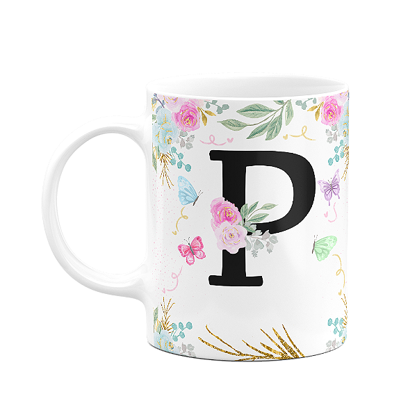 Caneca Floral - Inicial do nome letra P - 325ml