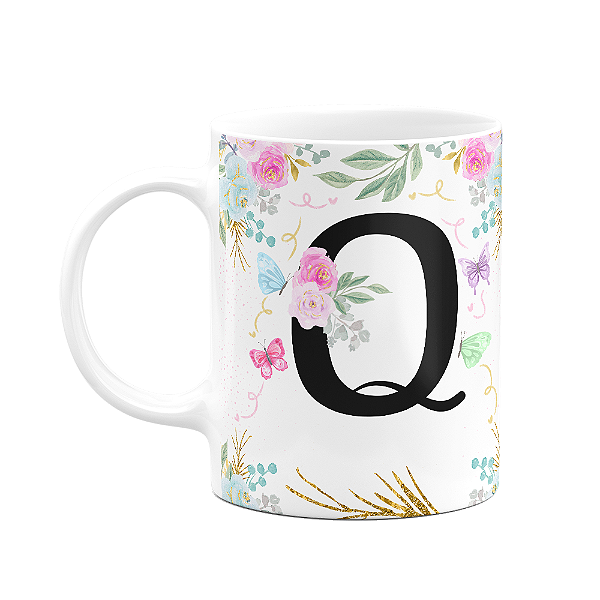 Caneca Floral - Inicial do nome letra Q - 325ml