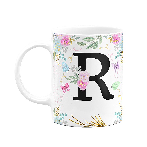 Caneca Floral - Inicial do nome letra R - 325ml