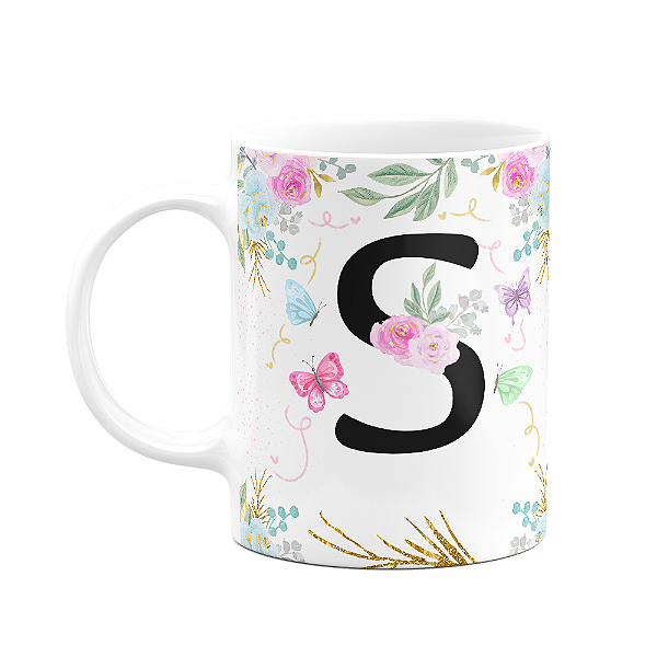 Caneca Floral - Inicial do nome letra S - 325ml