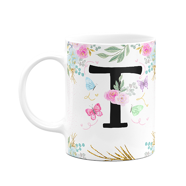 Caneca Floral - Inicial do nome letra T - 325ml