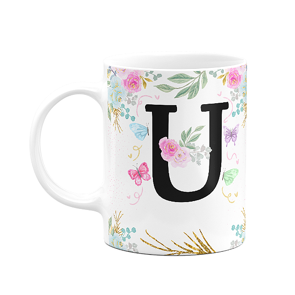 Caneca Floral - Inicial do nome letra U - 325ml