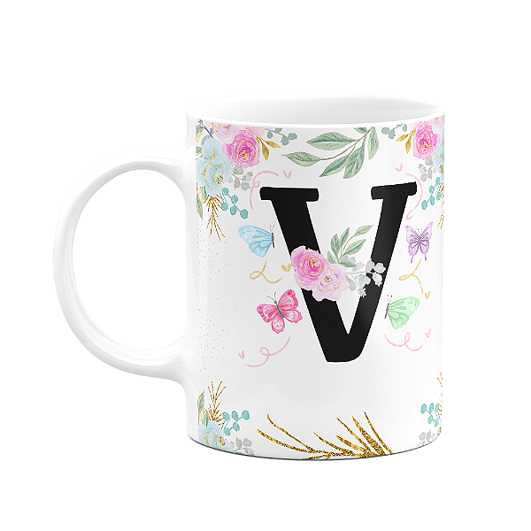 Caneca Floral - Inicial do nome letra V - 325ml