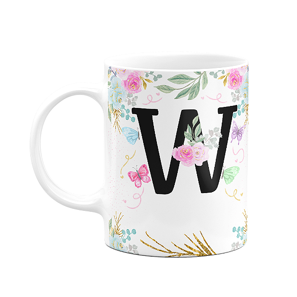 Caneca Floral - Inicial do nome letra W - 325ml