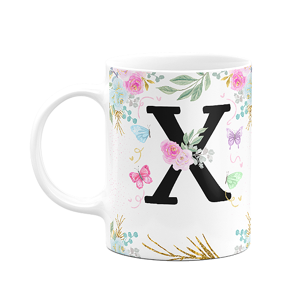 Caneca Floral - Inicial do nome letra X - 325ml