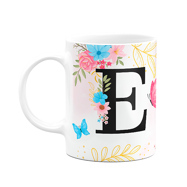 Caneca Floral Garden - Inicial do nome letra E - 325ml