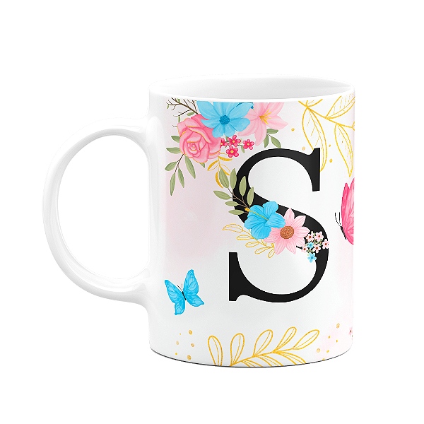 Caneca Floral Garden - Inicial do nome letra S - 325ml